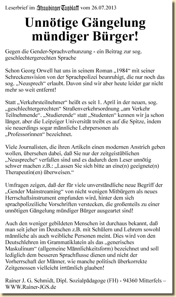 Leserbrief im Straubinger Tagblatt vom 26.07.2013