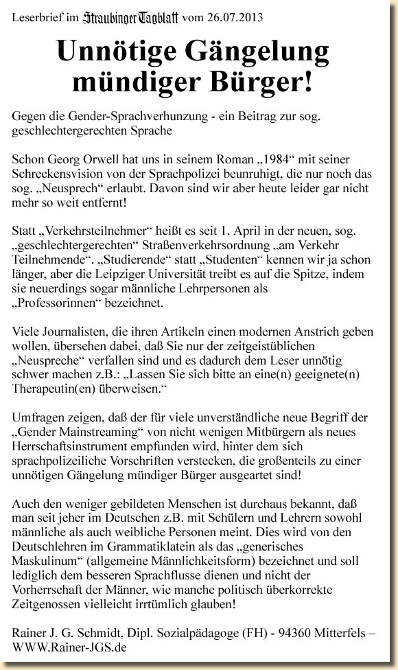 Leserbrief im Straubinger Tagblatt vom 26.07.2013
